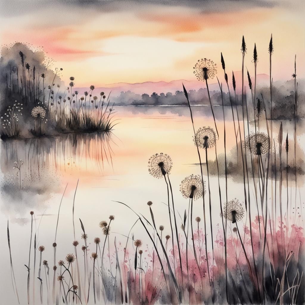Dawn Over Lake: Watercolor Landscape in Grays and Pinks