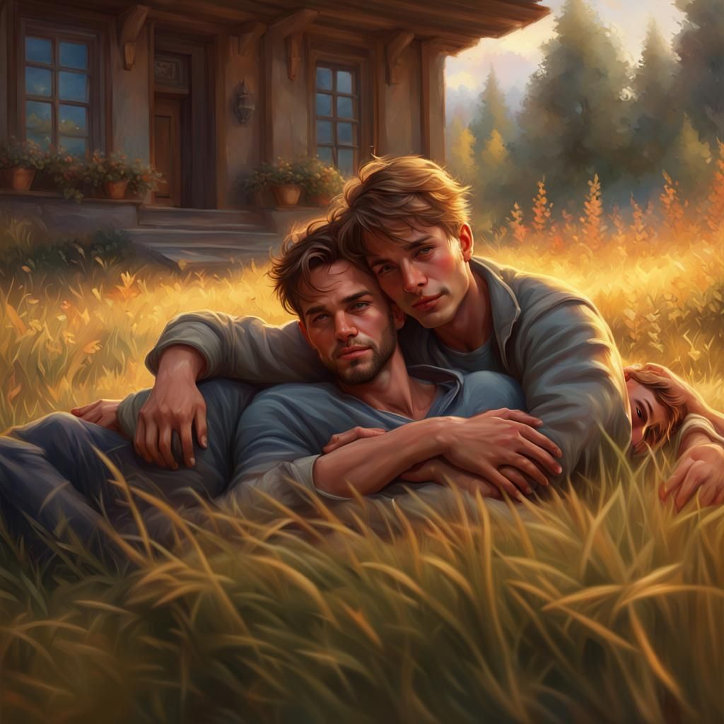 Two young gay man laying in the grass