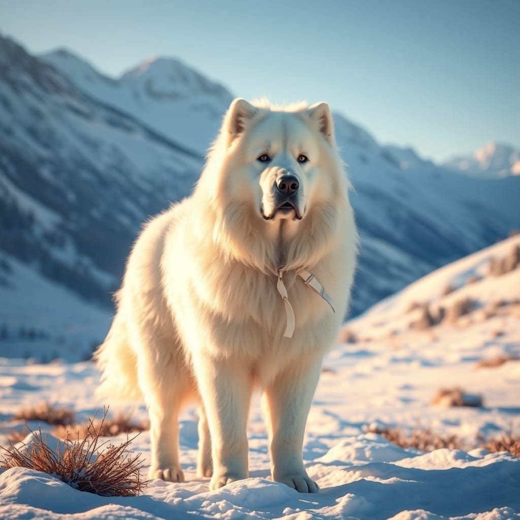 Majestic Great Pyrenees in Snowy Mountain Valley Scene