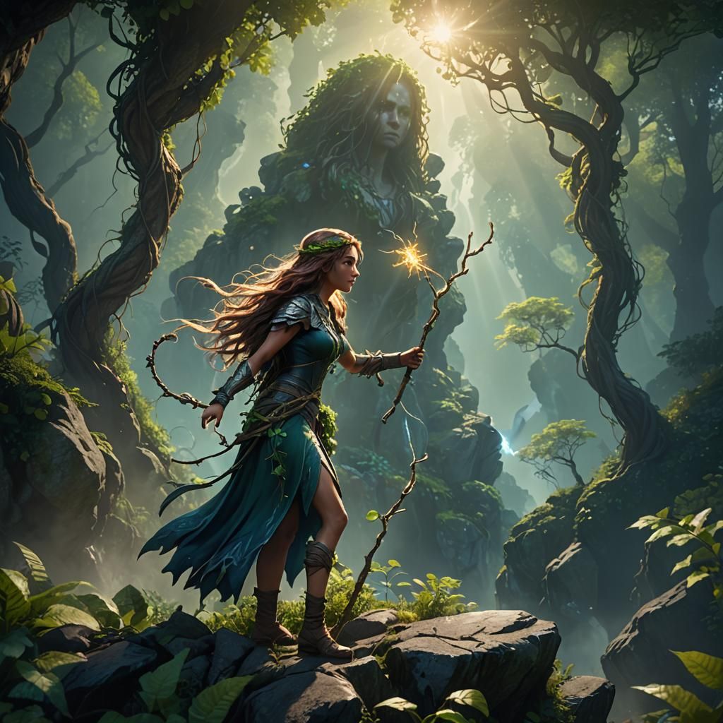 Girl with Staff in Lush Forest: 3D Game Art