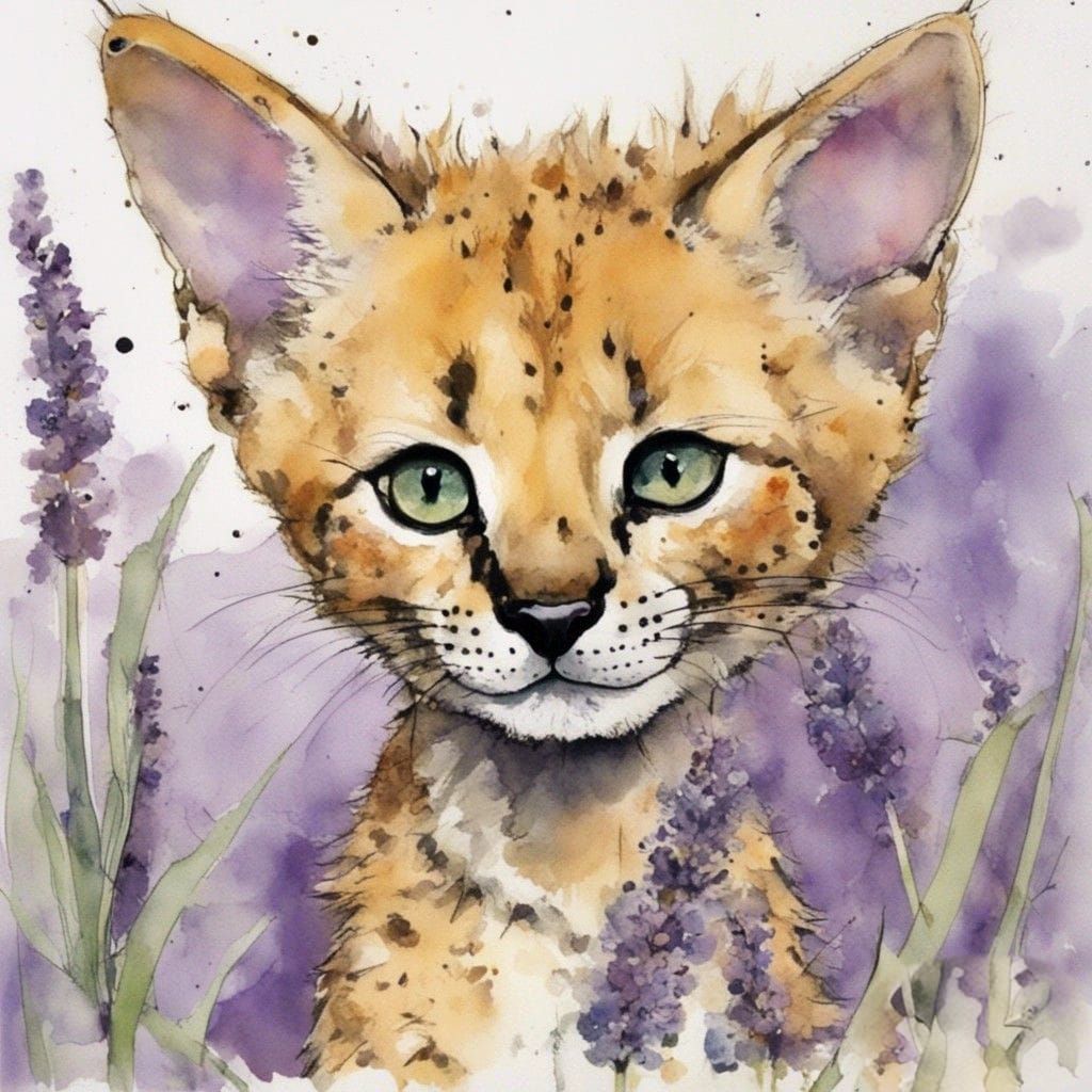 Ginger Kitten in Lavender, Expressive Illustration