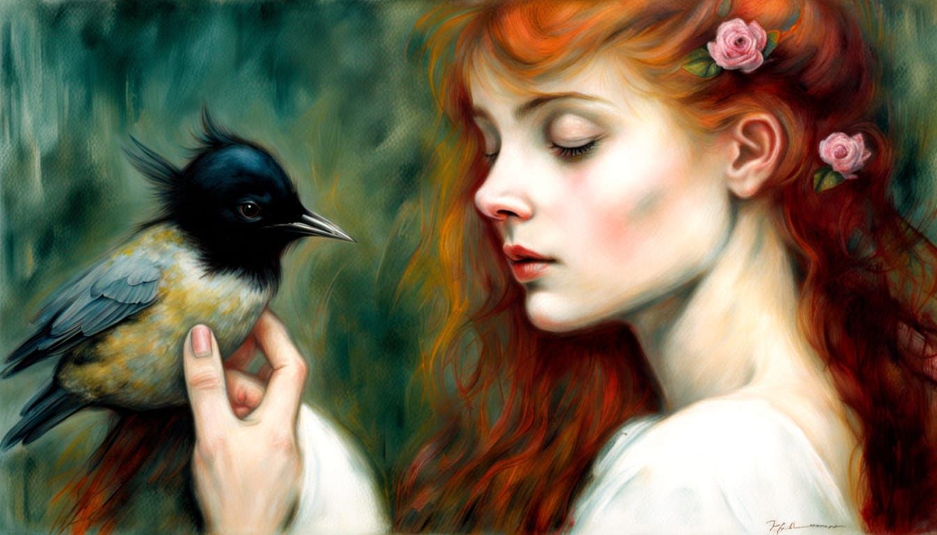 Woman, Heart, Bird in Waterhouse-Gammell Style