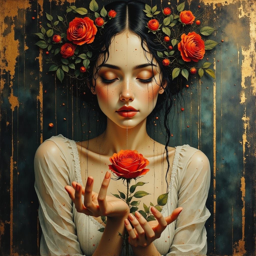 Mystical Woman Waters Rose with Magic