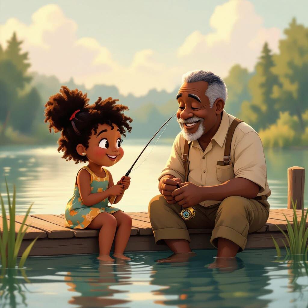 Girl Fishing with Grandfather: Stylized Animation Cel