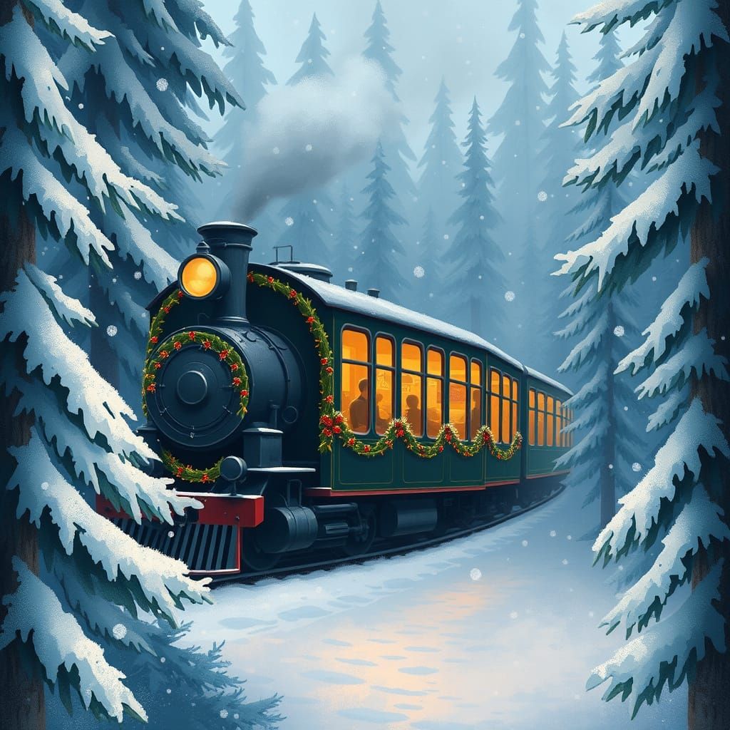 Festive Train in Snowy Forest Storybook Illustration