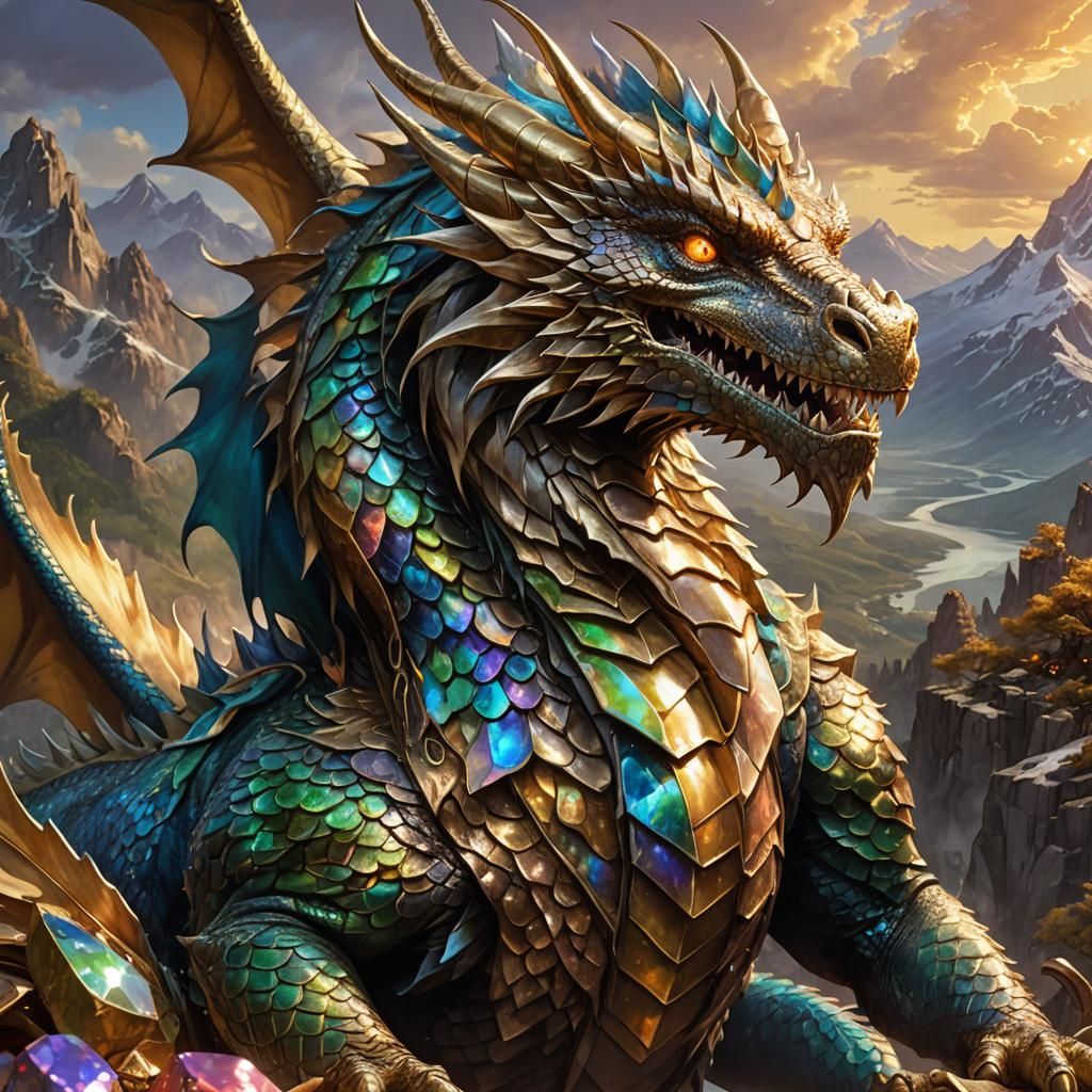 Majestic Dragon Perched Atop Treasure Mountain