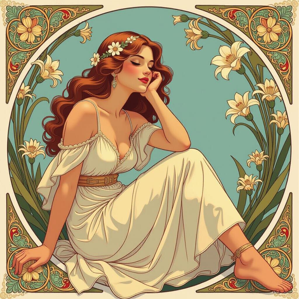 Radiant Woman in Peach Lace: An Art Nouveau Vision