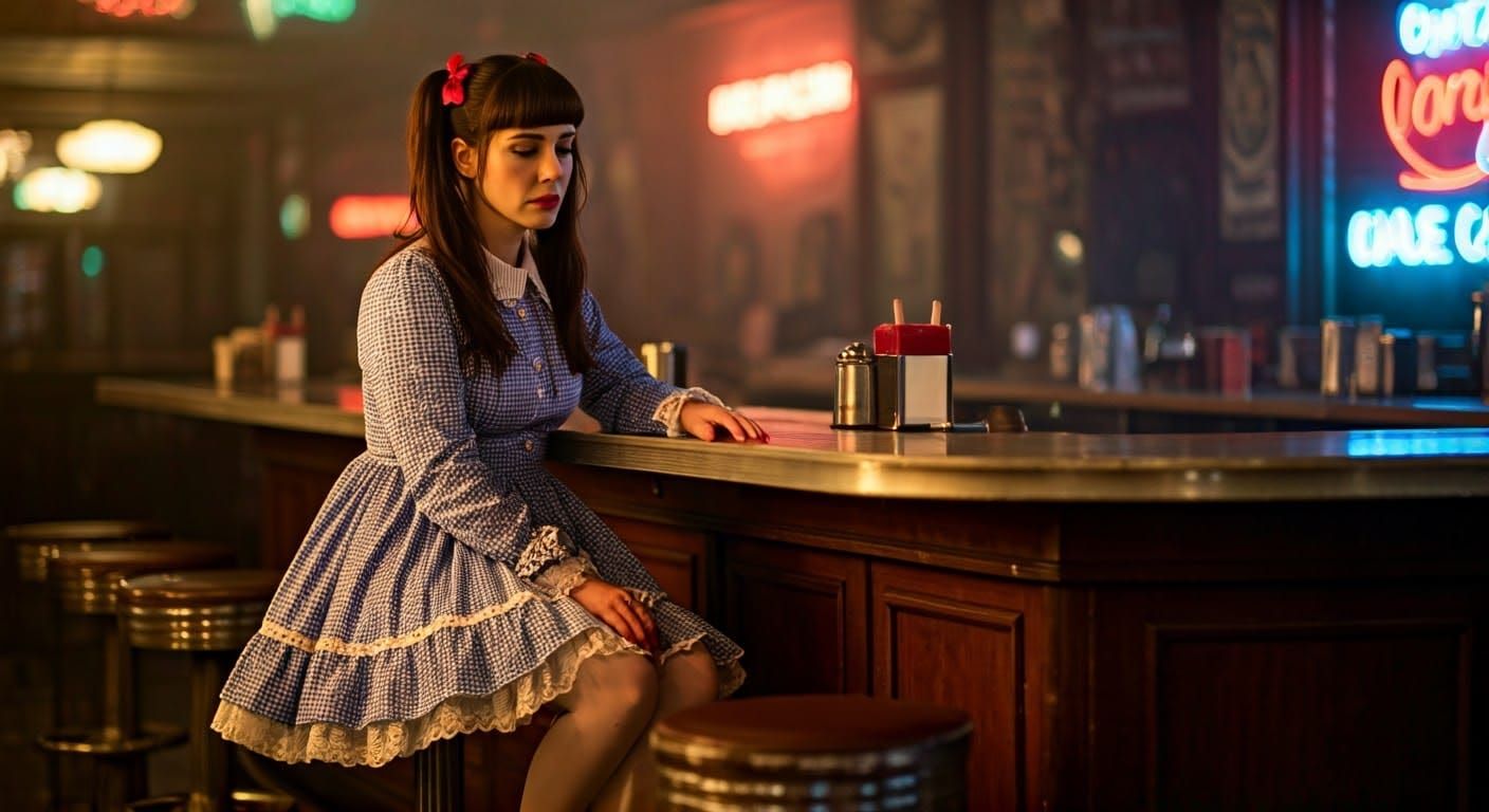 Woman in Vintage Gingham Dress at a 1960s-Style Diner