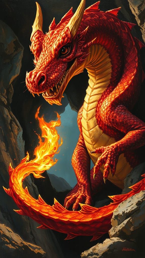 Fearsome Fire Dragon with Ruby Scales in Impasto Style