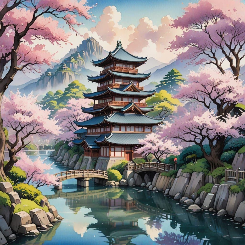 Traditional Asian River Valley in Cinematic Watercolor