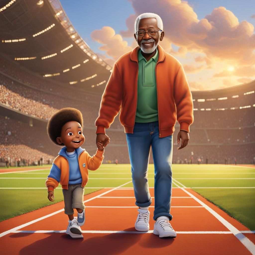 Boy and Grandpa on Football Field in Pixar Style