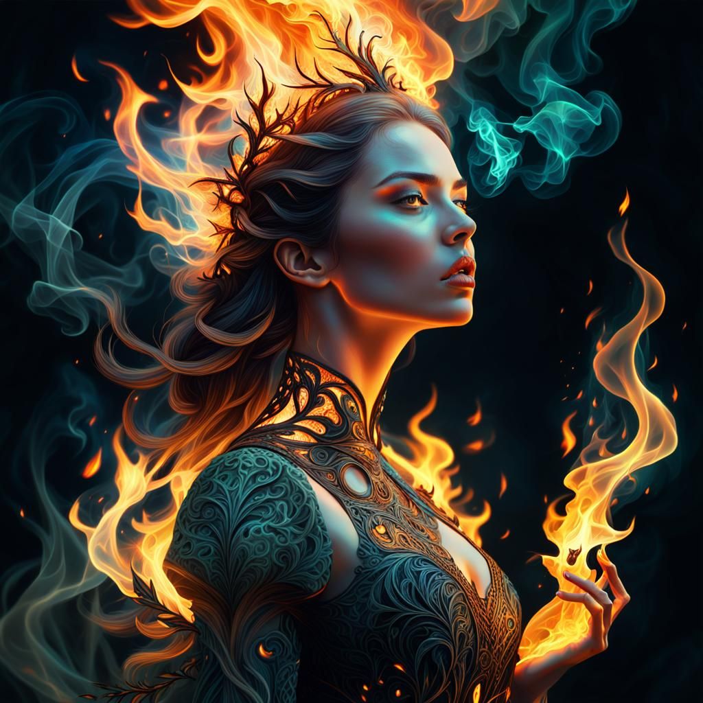 Girl Breathing Fire: Luminous Fractal Rococo Art