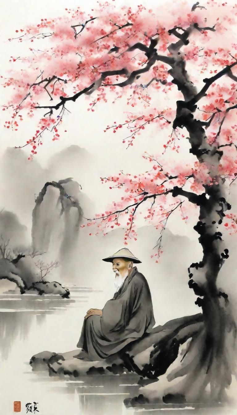 Sumi-e Painting: Old Man Resting Under Cherry Tree