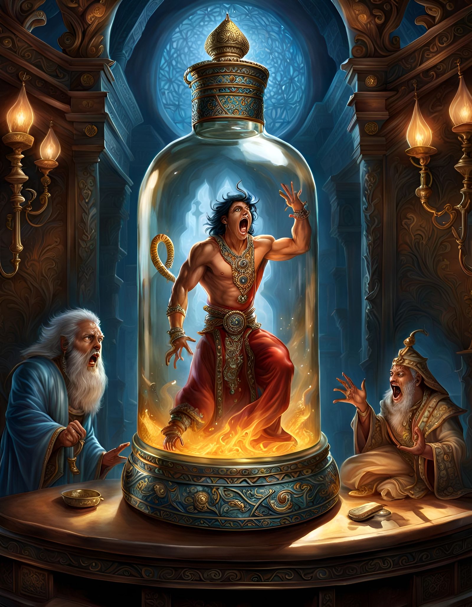 Tormented Genie Imprisoned in Ornate Bottle: 3D Illustration