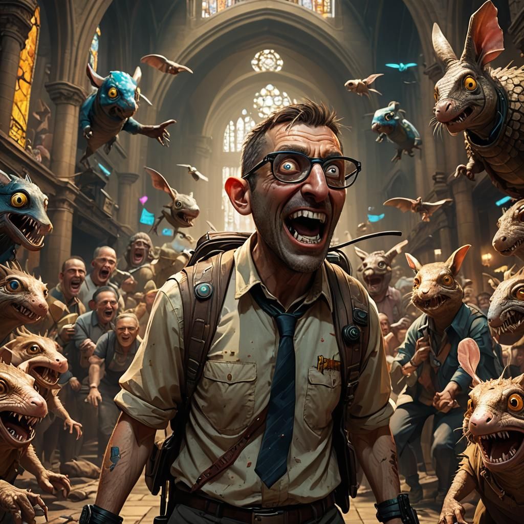 Cyberpunk Cathedral Badminton Game with Zombie Trout