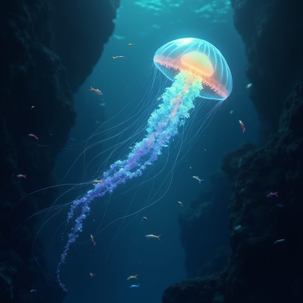 Bioluminescent Jellyfish in Deep-Sea Trench