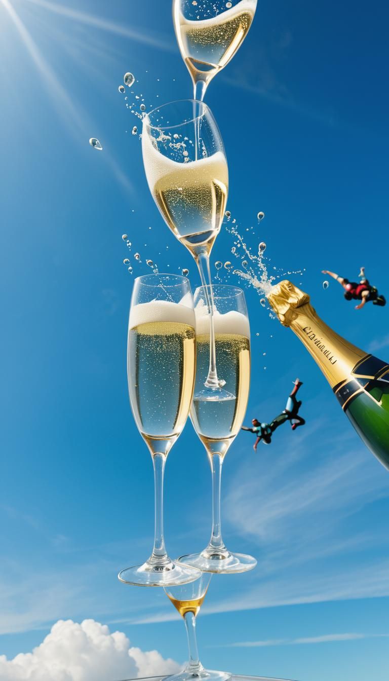 Stack of champagne glasses with champagne pouring down