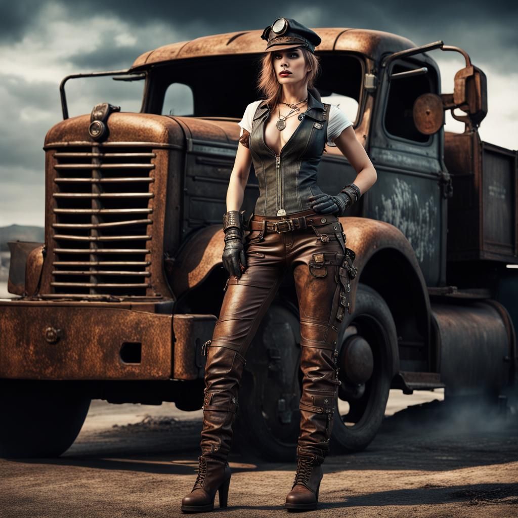 Dieselpunk Woman and Frankensteined Truck in 8k