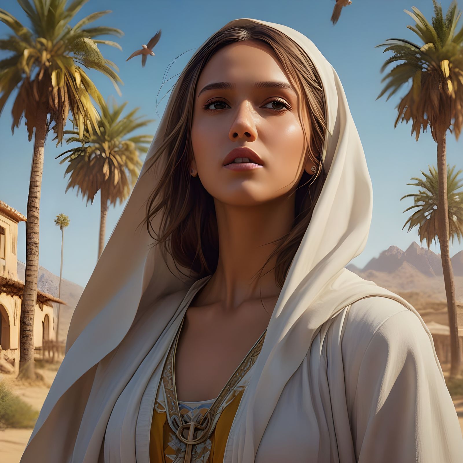 Surreal Virgin Mary Concept Art Portrait in Triadic Colors