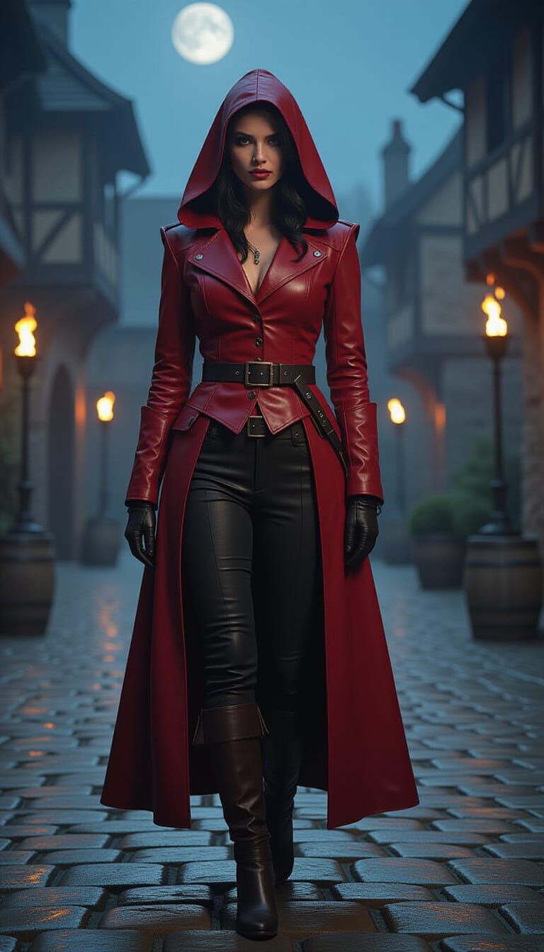 Alectra in Torch-Lit Medieval Courtyard, Cinematic Style