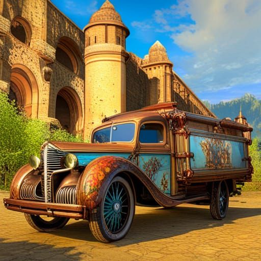 Steampunk Armored Truck in Alphonse Mucha Style
