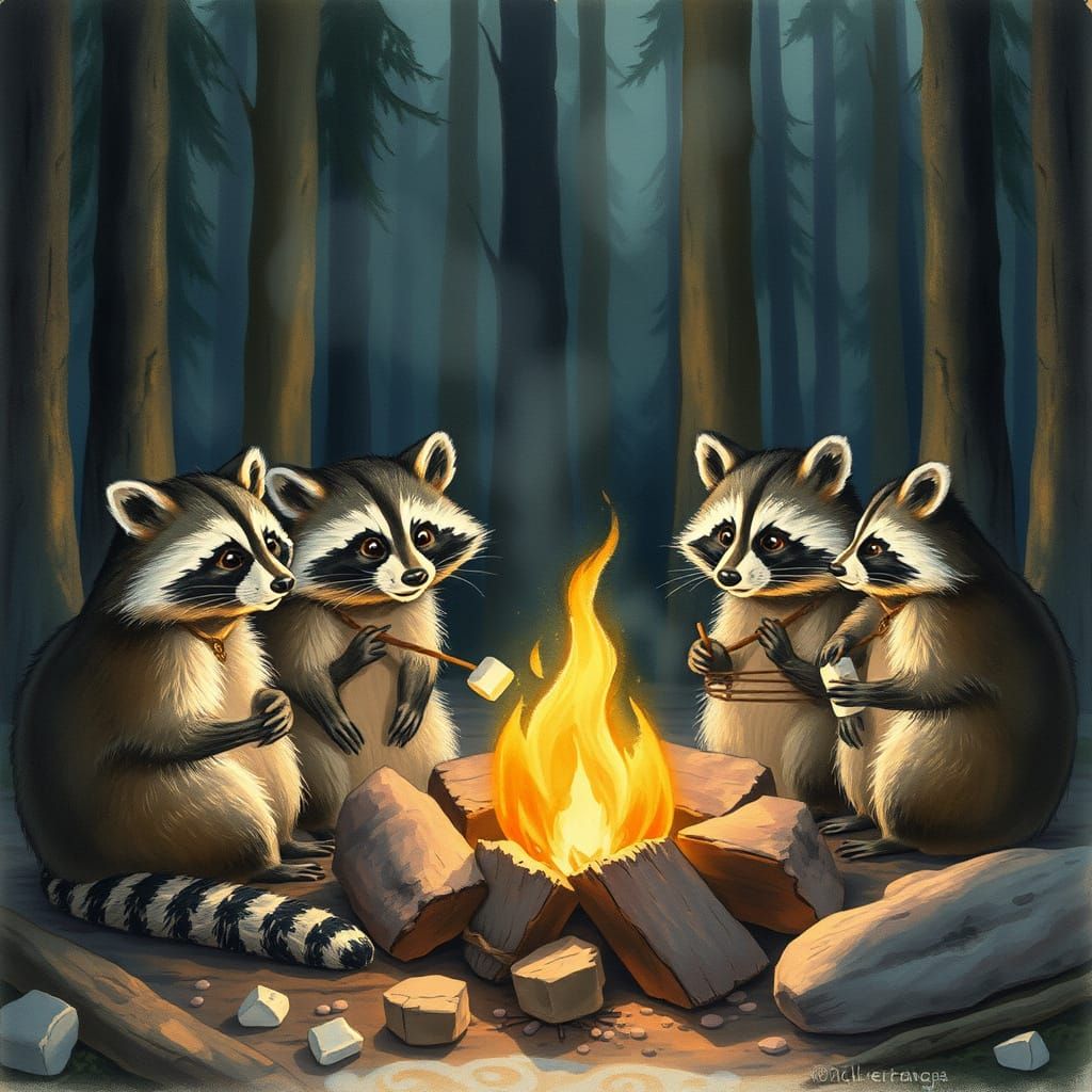 Raccoon Family Campfire: Whimsical Watercolor Illustration