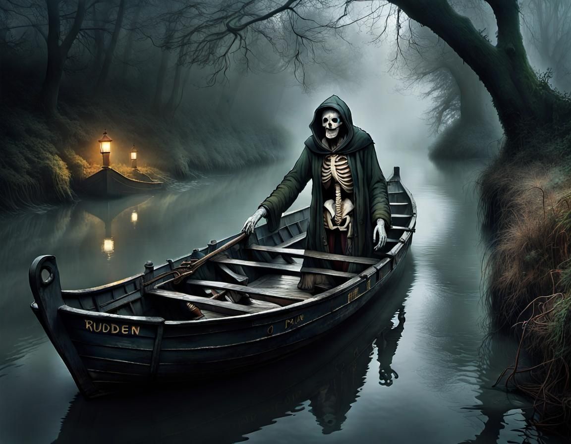 Dark Fantasy Ferryman on Misty River, Hyperdetailed Art