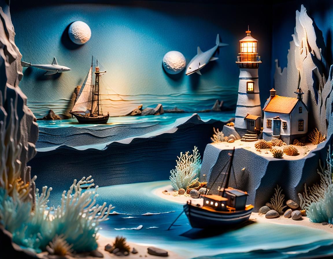 Seascape Diorama with Lighthouse and Fishing Boat