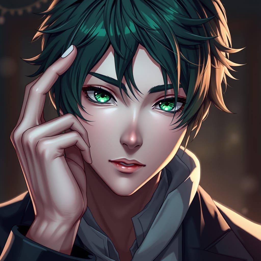 Green-Eyed Man with Thoughtful Expression in 3D Anime Style