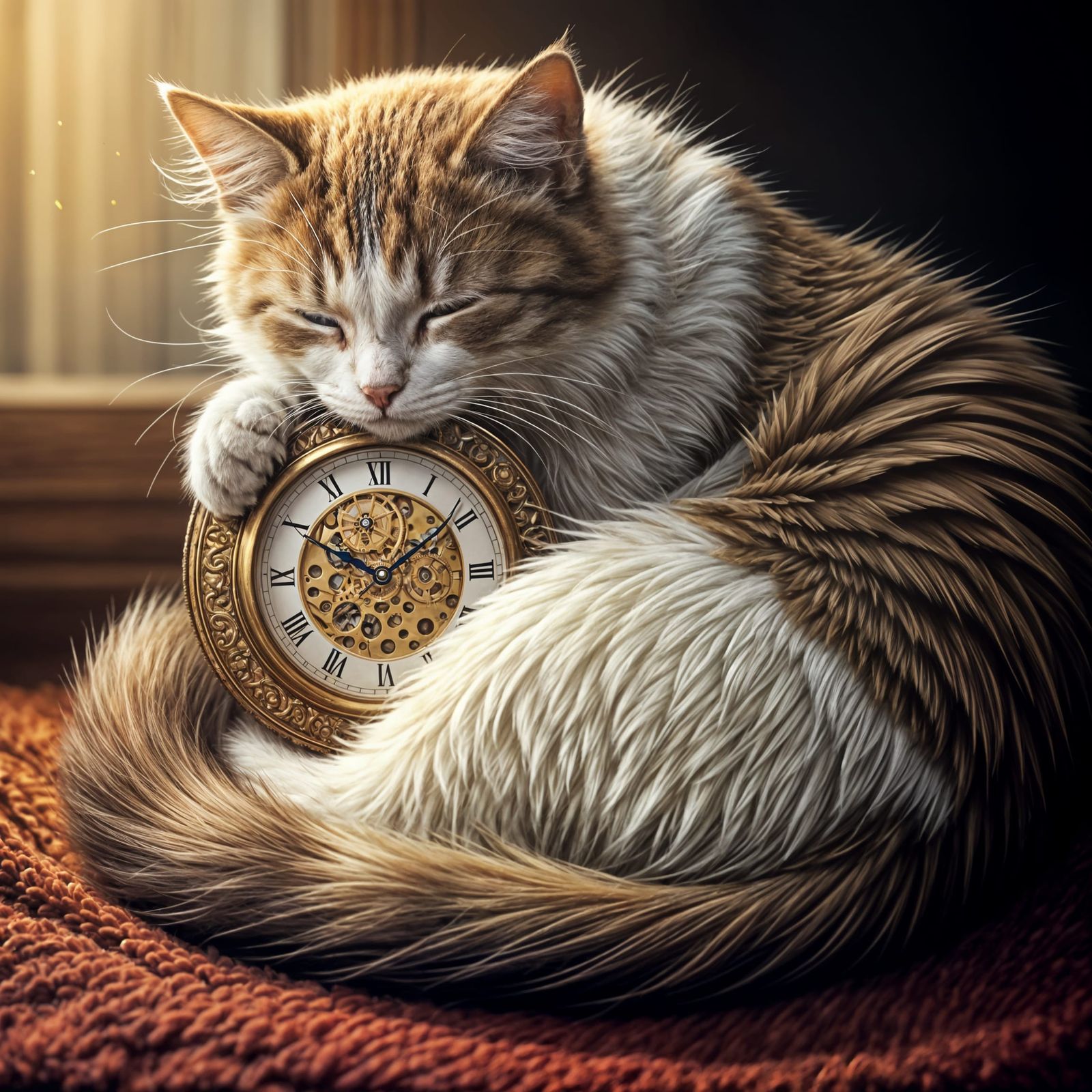 Adorable Cat Curled Around Ornate Clock