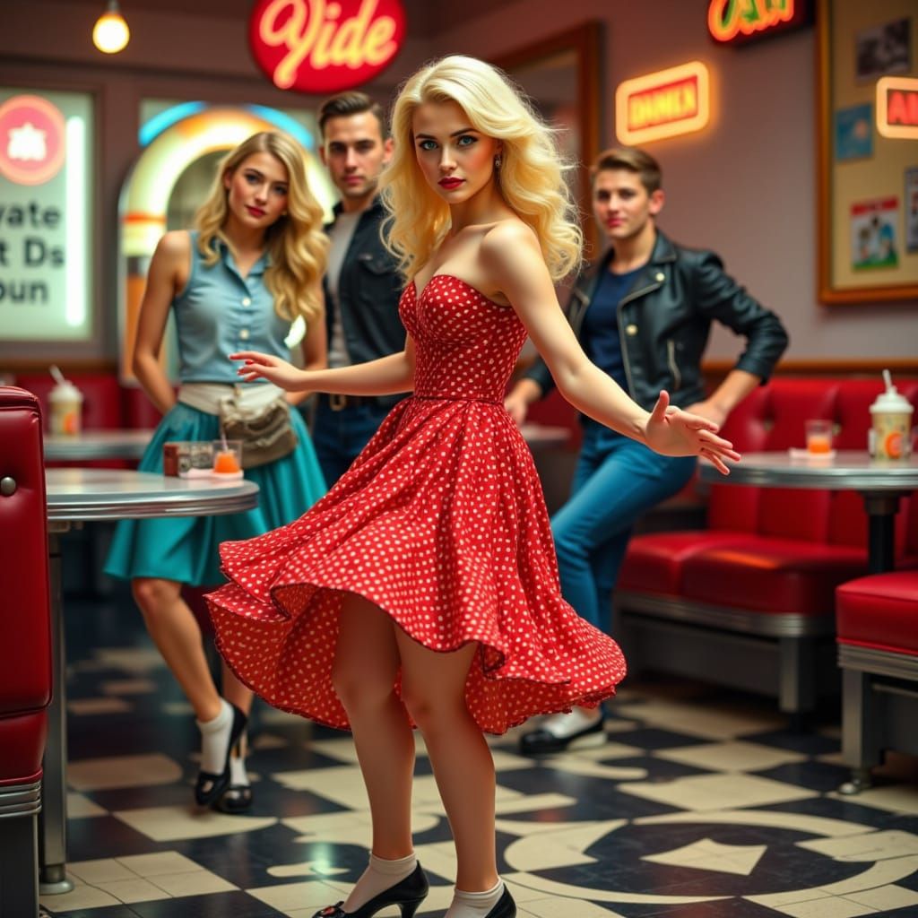 Jive Dancers in 1950s Diner, Vivid Digital Illustration