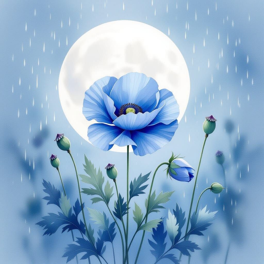 Serene Blue Poppy Under Full Moon Watercolor
