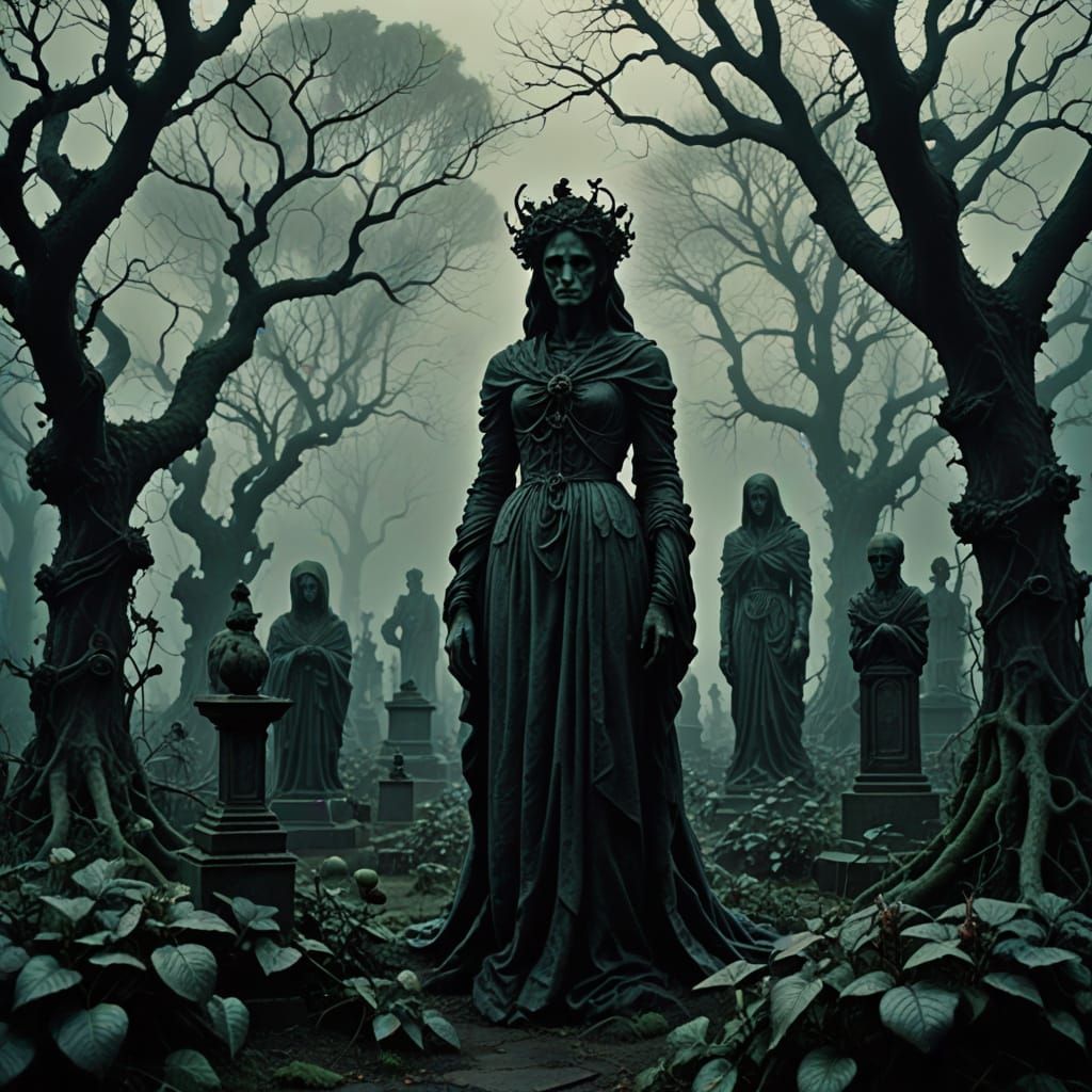 Dark Surrealism: Twisted Garden with Gothic Statues