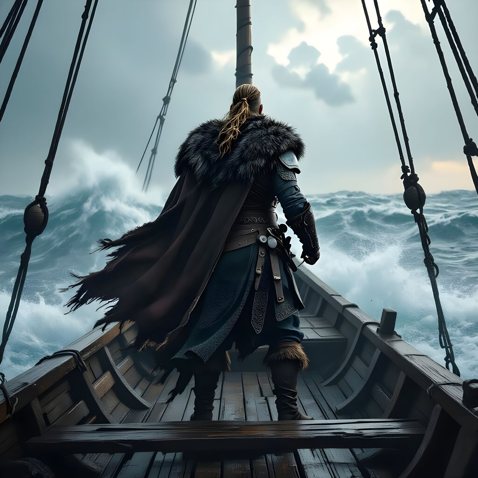 Viking Warrior Navigating Stormy Seas: Hyperrealistic Digita...
