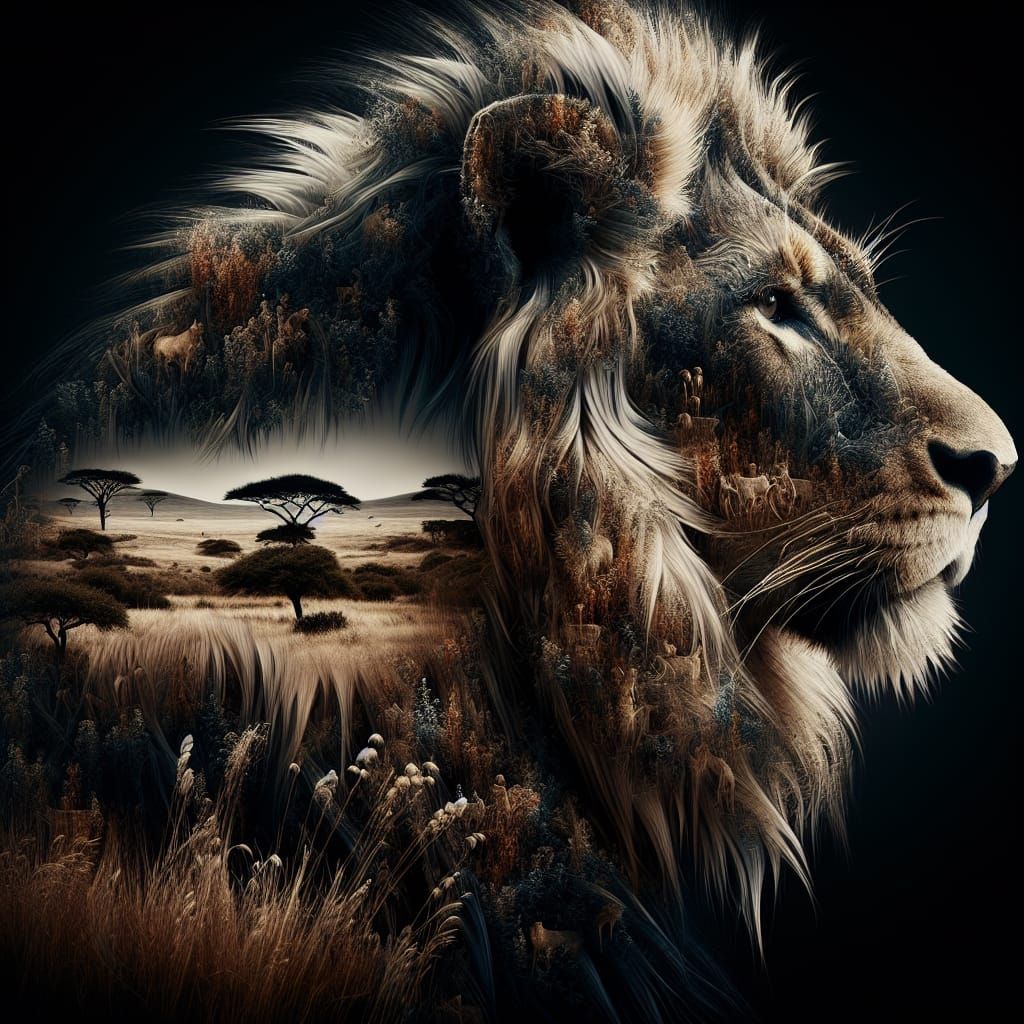 Double-exposure image by mixing a lion and savannah.