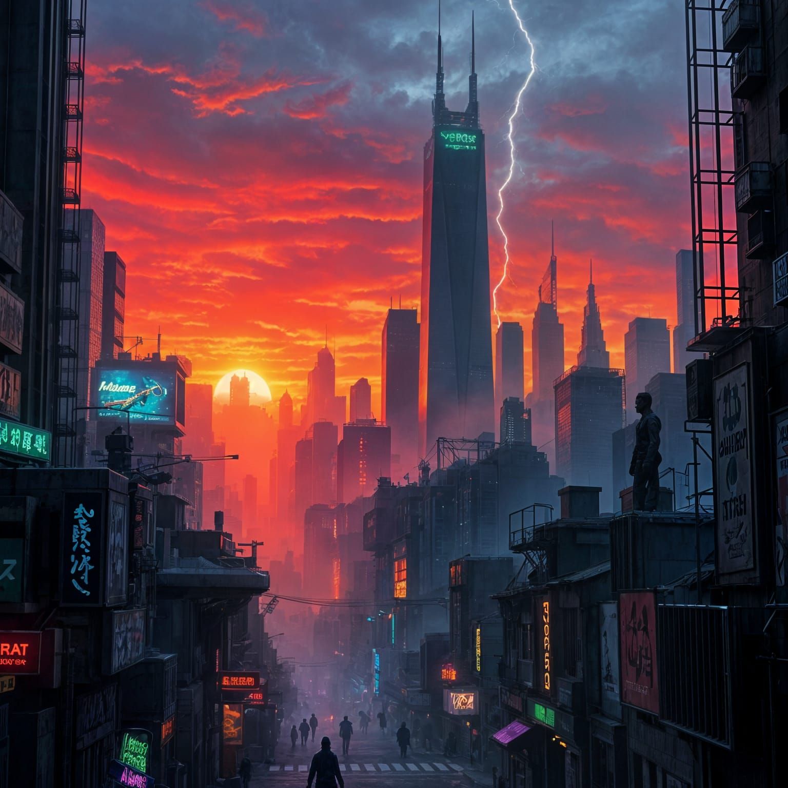 Cyberpunk Metropolis at Sunset in Deep Crimson and Violet Hu...