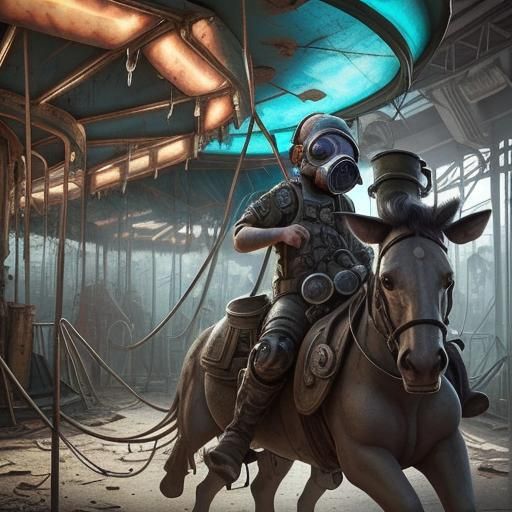 Post-Apocalyptic Child on Carousel: Hyperrealistic Concept A...