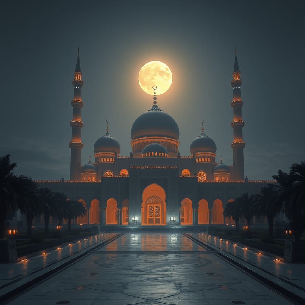 Glowing Mosque in Fantasy Arabian Night, Ultra-Realistic