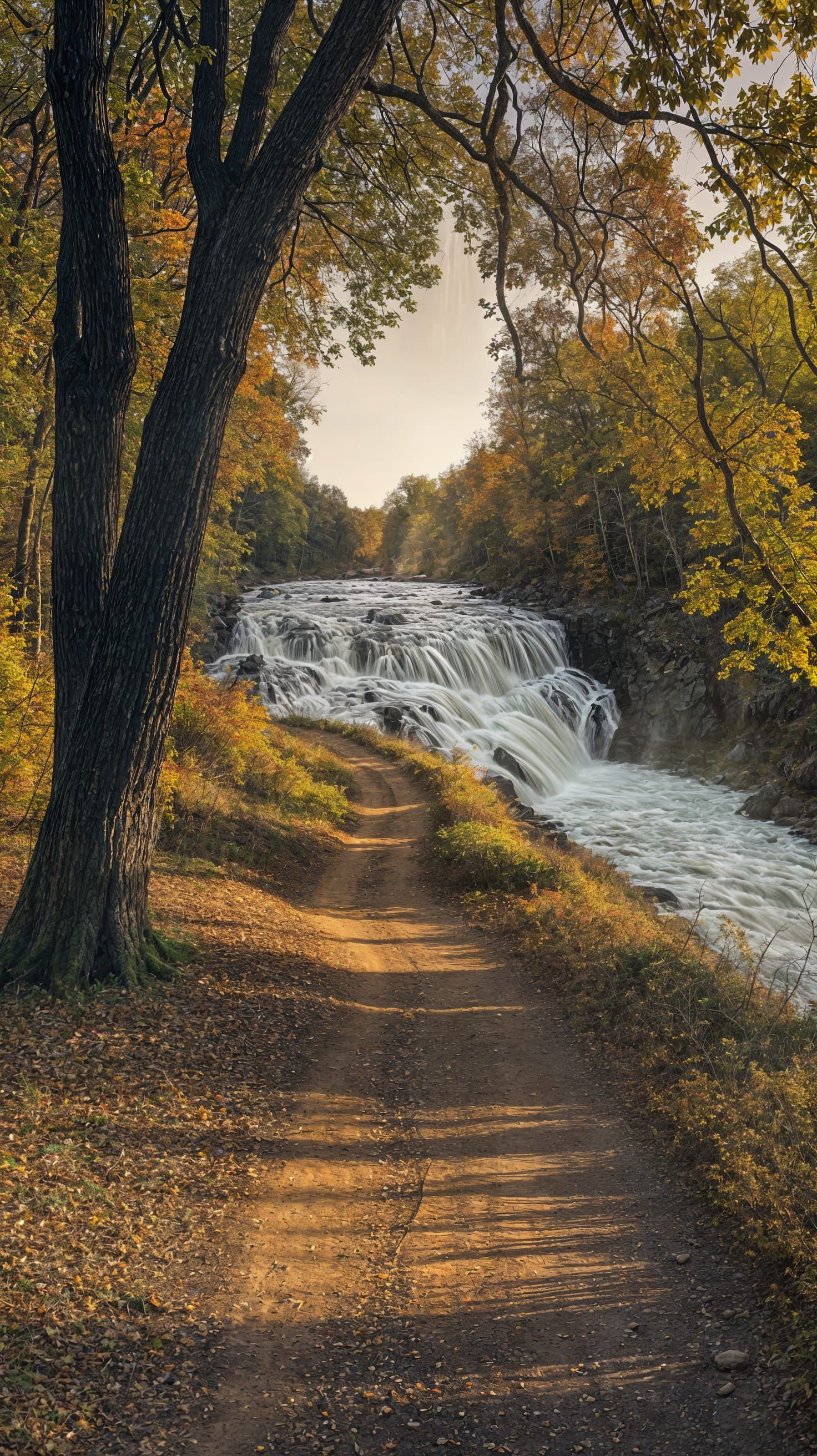 Autumn Path to Rushing Waterfall in Photorealistic Style