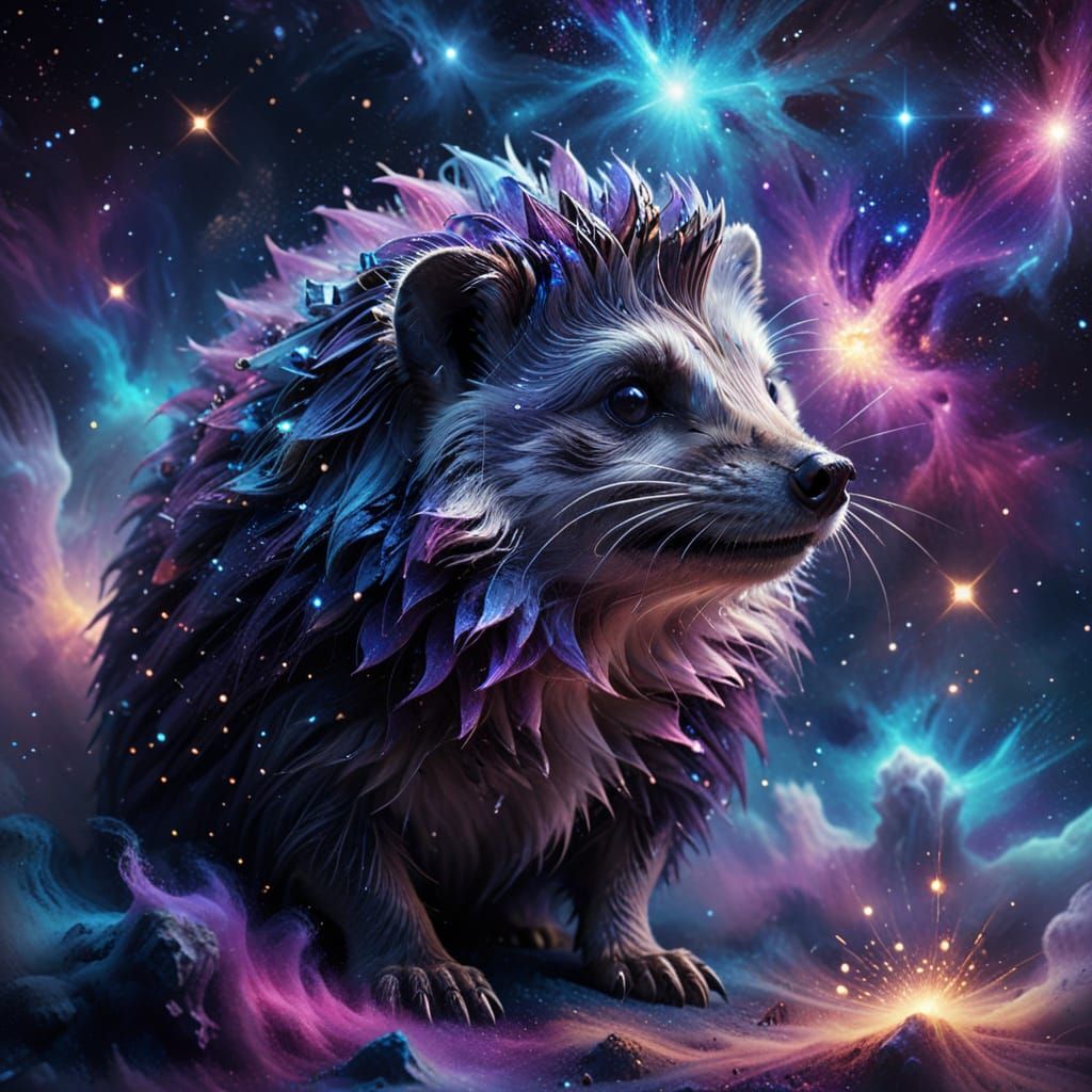 Hedgehog in Cosmic Nebula Oil Painting
