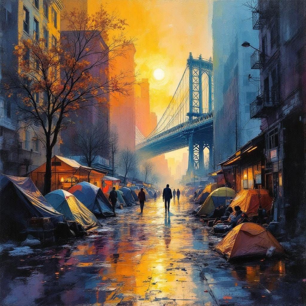 New York Homeless Encampment in Impressionist Style