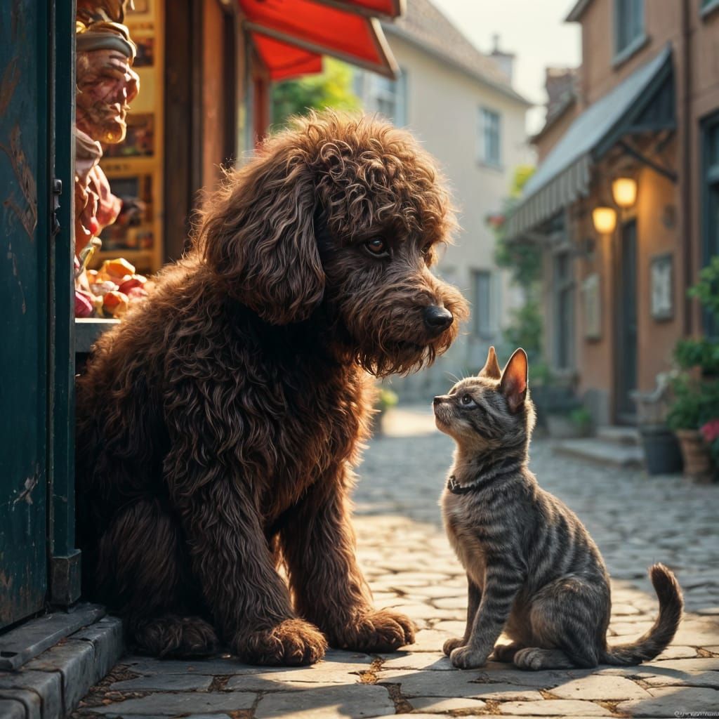 Poodle and Cat BFFs Outside Butcher Shop