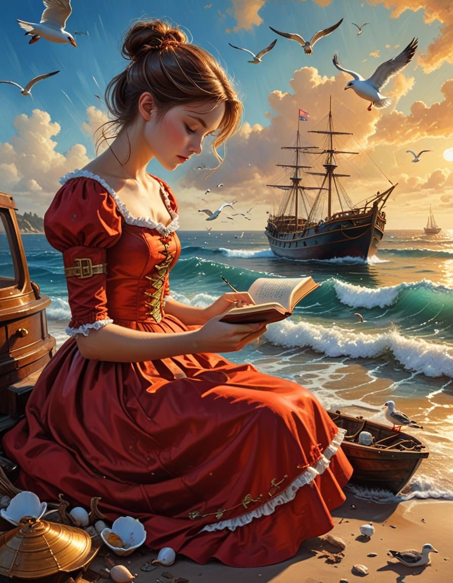 Steampunk Girl Reading with Duck Illustration