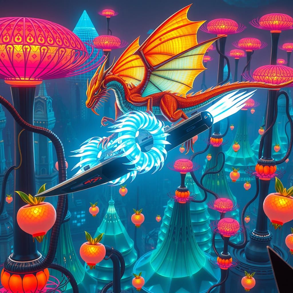Ethereal Dragon Soars Over Futuristic Metropolis in Vibrant ...