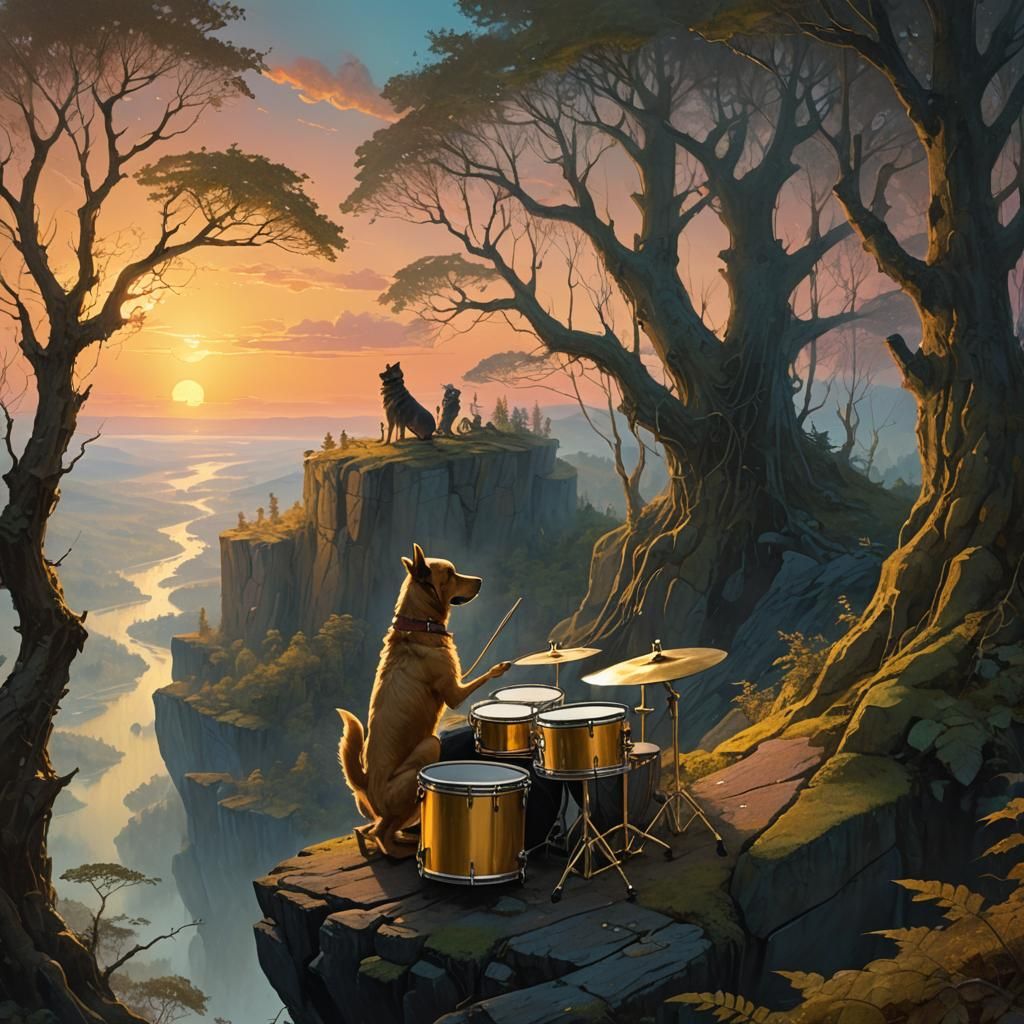 Dog Drummer Overlooking Mystical Forest, Fantasy Matte Paint...