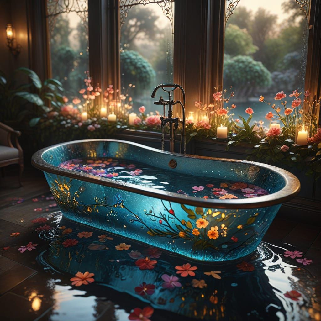 Ethereal Stained Glass Oasis in Art Nouveau Style