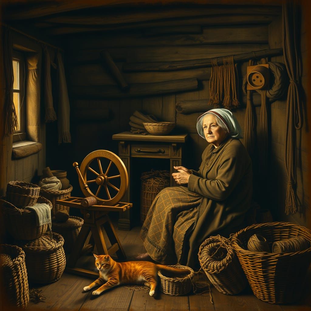 Vintage Woman at Spinning Wheel in Golden Light
