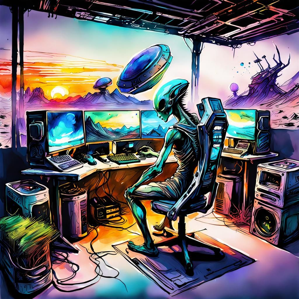 Alien's Immersive Futuristic Gaming Setup: Watercolor Illust...