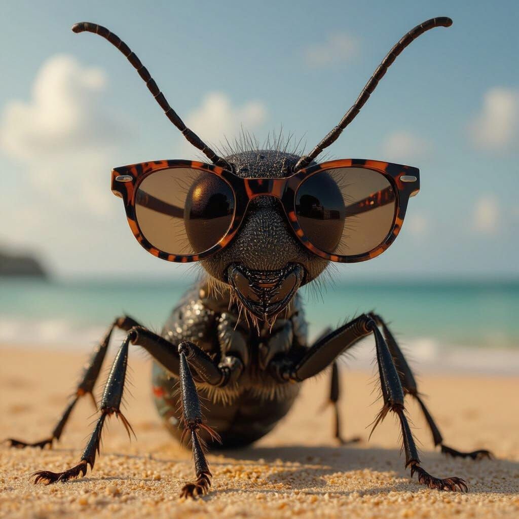Ant Enjoying Beach in Hawaiian Shirt and Sunglasses