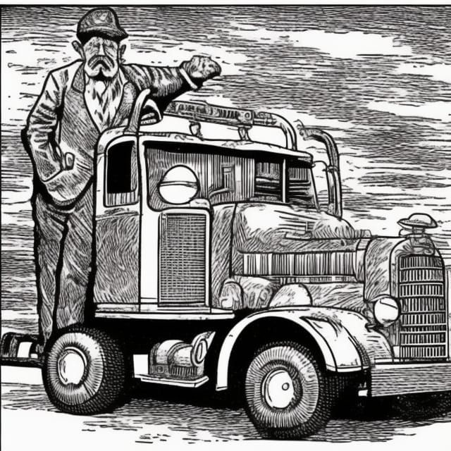 Vintage Cartoon of an Elderly Truck Driver